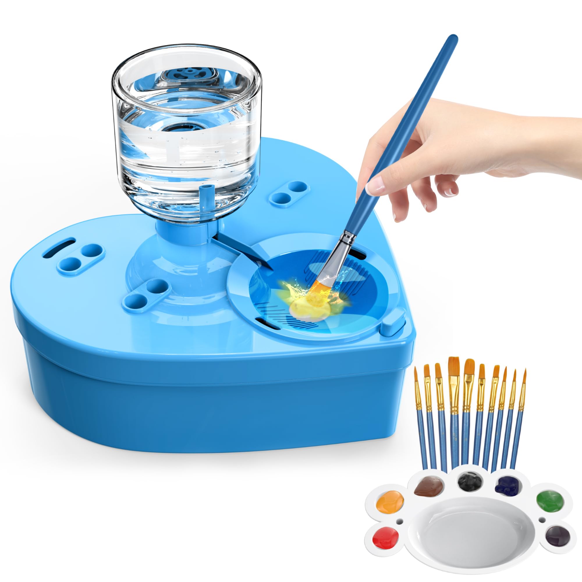 Upgraded FJB Paint Brush Rinser - 1250ml Large Bowl Brush Cleaner for Big Brushes, Leak-Proof Washer for Acrylic, Watercolor & Water-Based Paints - Includes Palette & Brushes (Blue) - Perfect for Artists, Hobbyists & DIY Painting Projects