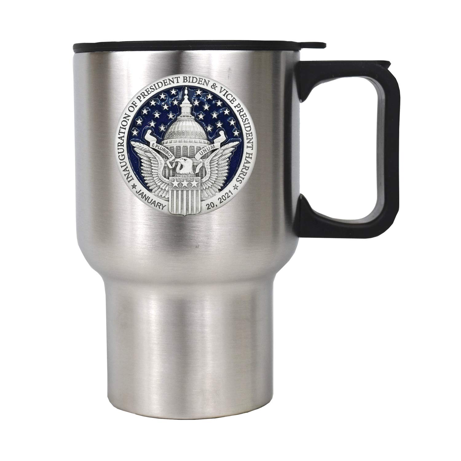 46th President Joe Biden 14 oz. Insulated Travel Mug - Stainless Steel Tumbler with Pewter Enamel Blue Inlay for Coffee & Hot/Cold Beverages - Perfect for Commuting, Office Use & Political Enthusiasts