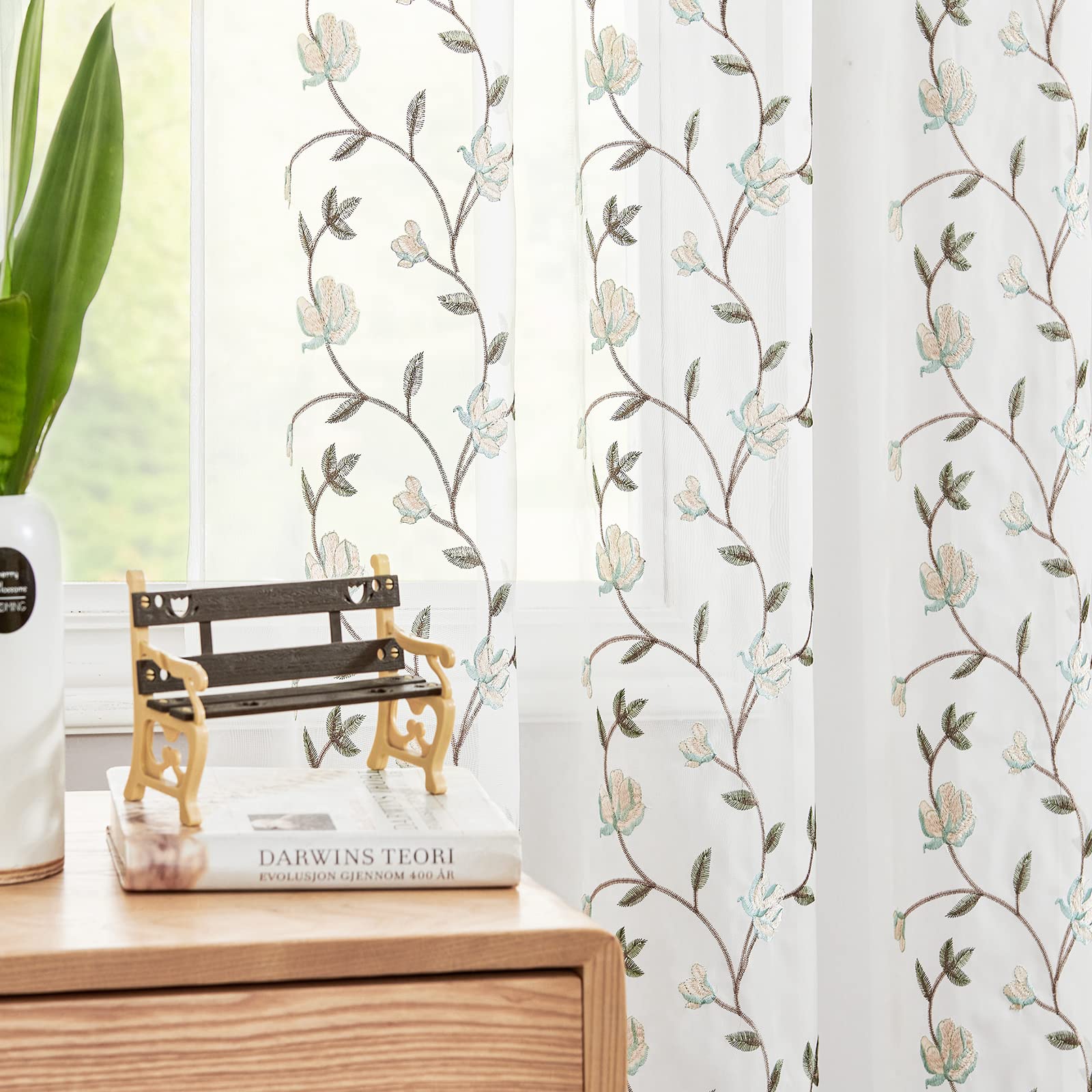 Floral Embroidered Sheer Curtains for Living Room & Bedroom - Blue Embroidery Semi-Sheer Drapes with Rod Pocket (63