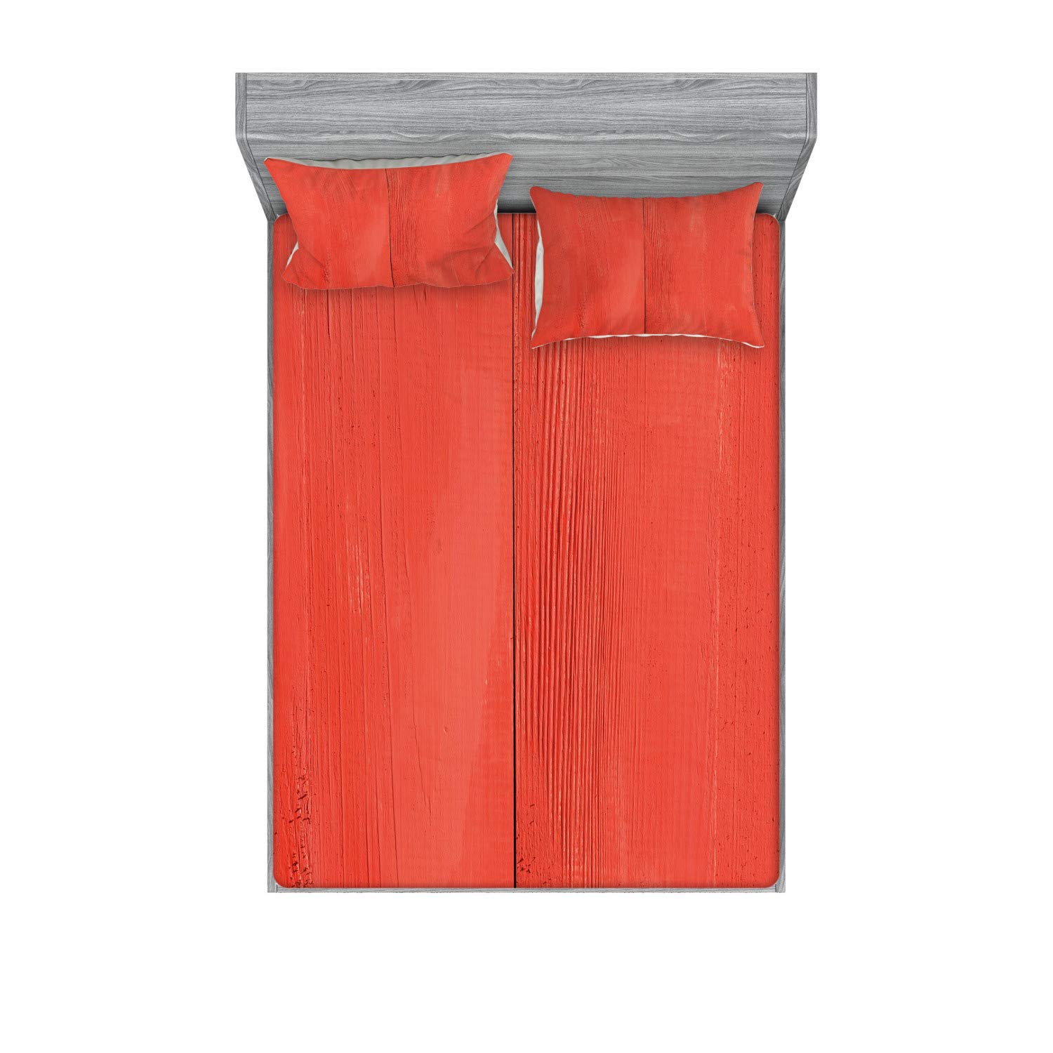 Ambesonne Vintage Coral 3-Piece Bedding Set - Queen Size Fitted Sheet & Pillow Shams with Wood Plank Texture Design, Dark Coral Home Decor for Coastal & Farmhouse Style Bedrooms | Perfect for Guest Rooms, Beach Houses & Rustic Themed Interiors