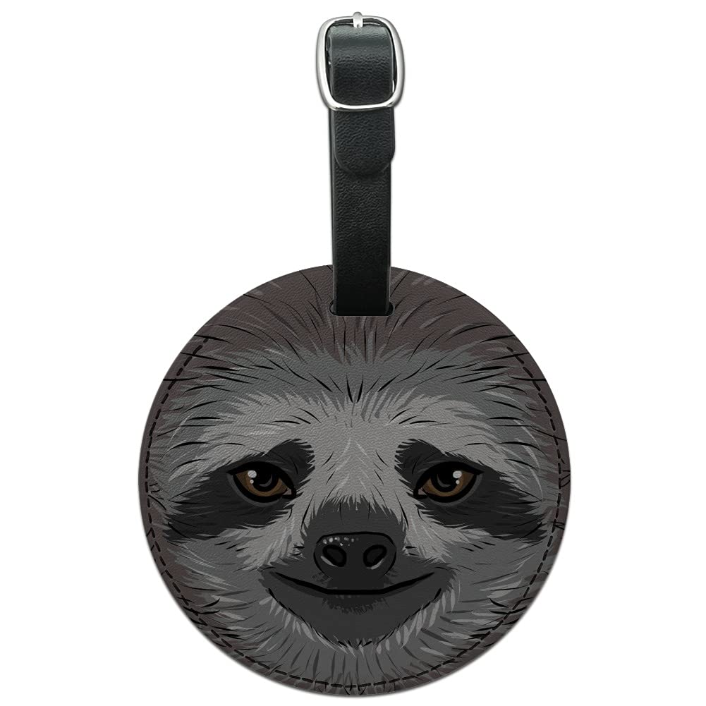Stylish Sloth Face Round Leather Luggage Tag - Durable Suitcase ID Card Holder for Carry-On Bags | Perfect for Travel, Backpacks & Suitcase Identification