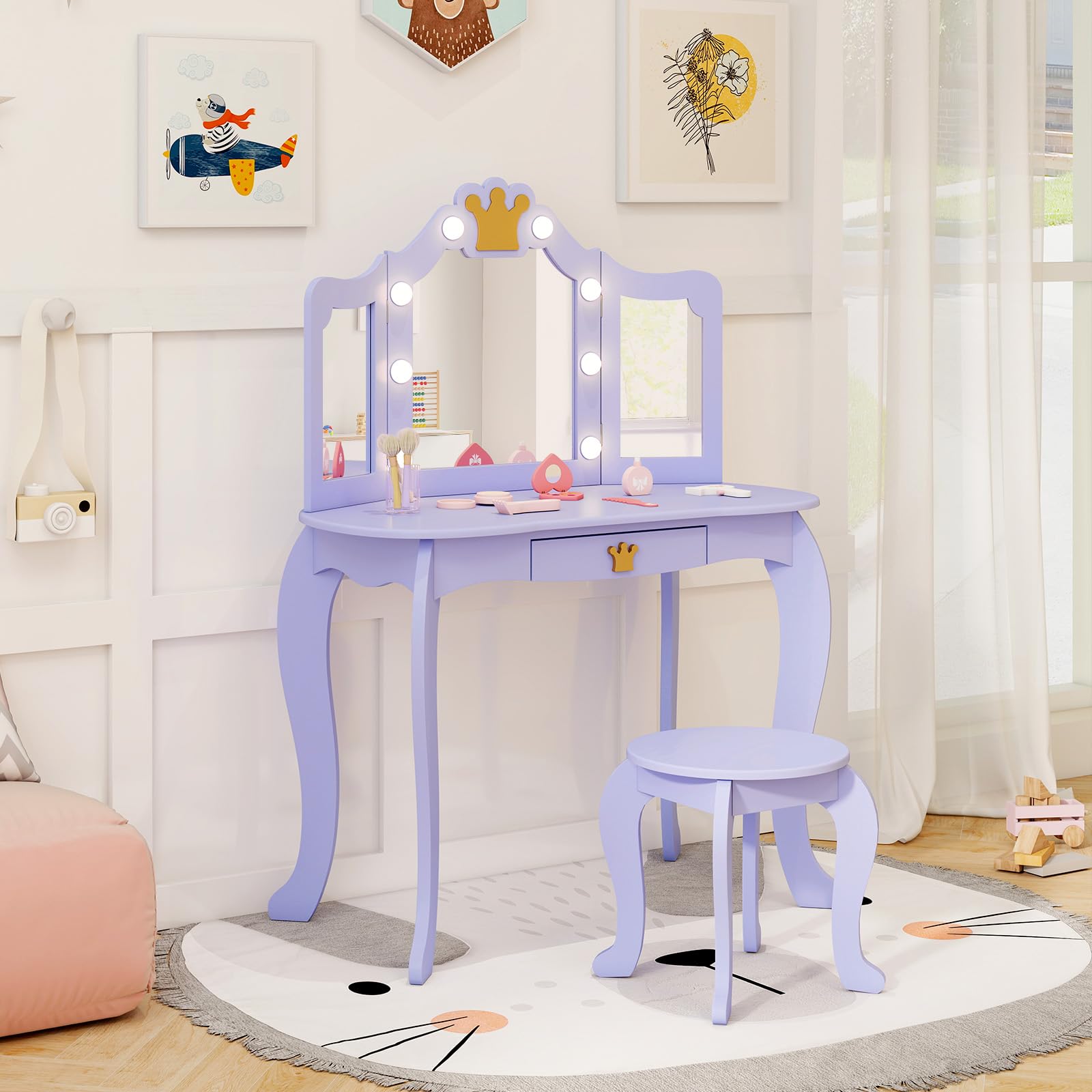 GLACER Girls Vanity Set with Mirror, Stool & LED Lights - 2-in-1 Wooden Princess Makeup Vanity Desk with 3 Lighting Modes, Storage Drawer & Adjustable Chair - Kids Vanity Table Set for Bedroom (Violet) - Perfect for Birthday Gifts, Playroom Decor & Pretend Play