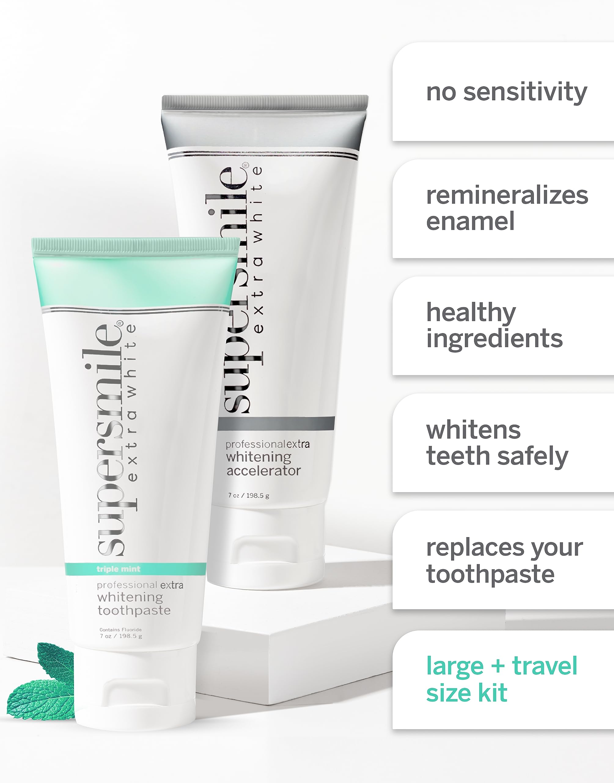 Supersmile Extra Whitening Toothpaste System - Large & Small Tubes with 2 Soft Bristle Toothbrushes for Daily Teeth Whitening and Oral Care at Home