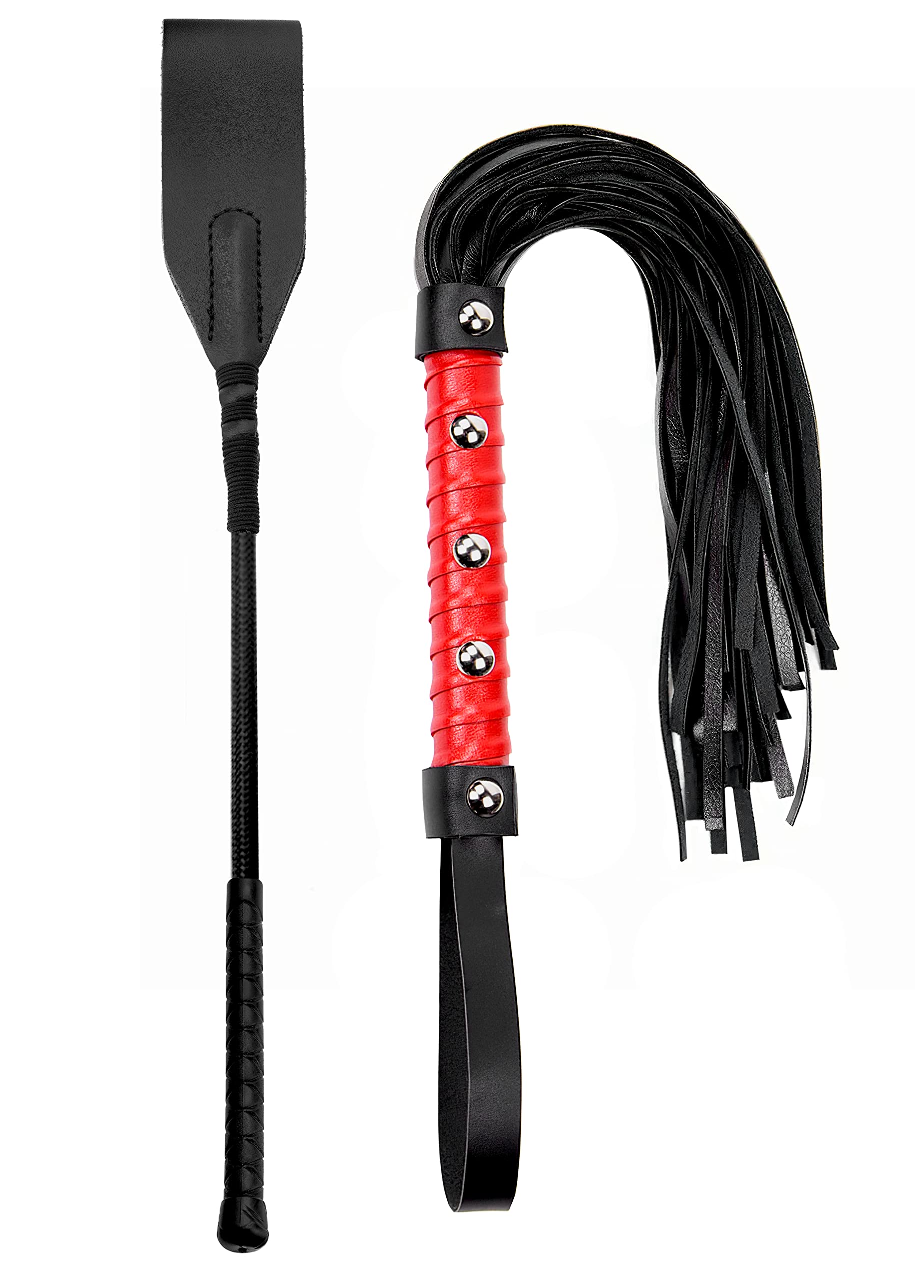 BDSM Starter Kit - Black Faux Leather Crop & Red Whip Set with Double Slapper, Adult Spanking Paddle & Flogger for Couples Play | Sensual Bondage, Roleplay & Kink Accessories for Bedroom Fun