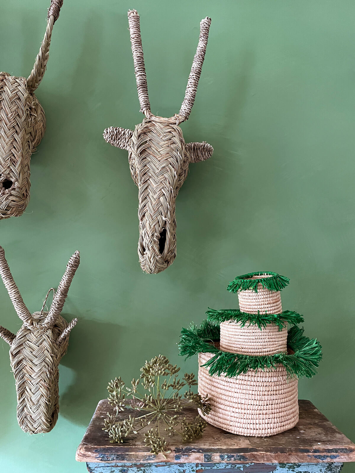 Eco-Friendly Raffia Tassel Storage Pots - Handwoven Green Baskets for Home Organization | Perfect for Bathroom, Bedroom & Office Decor