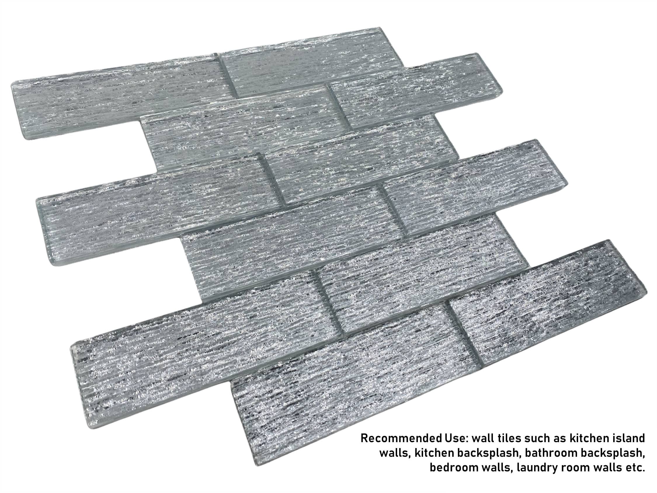 TDMS-CHL-135 Glitter Silver Textured 2x6 Inch Glass Mosaic Wall Tile - 5 Sheet Pack Set for Kitchen Backsplash, Bathroom Decor, Accent Wall & Home Improvement Projects