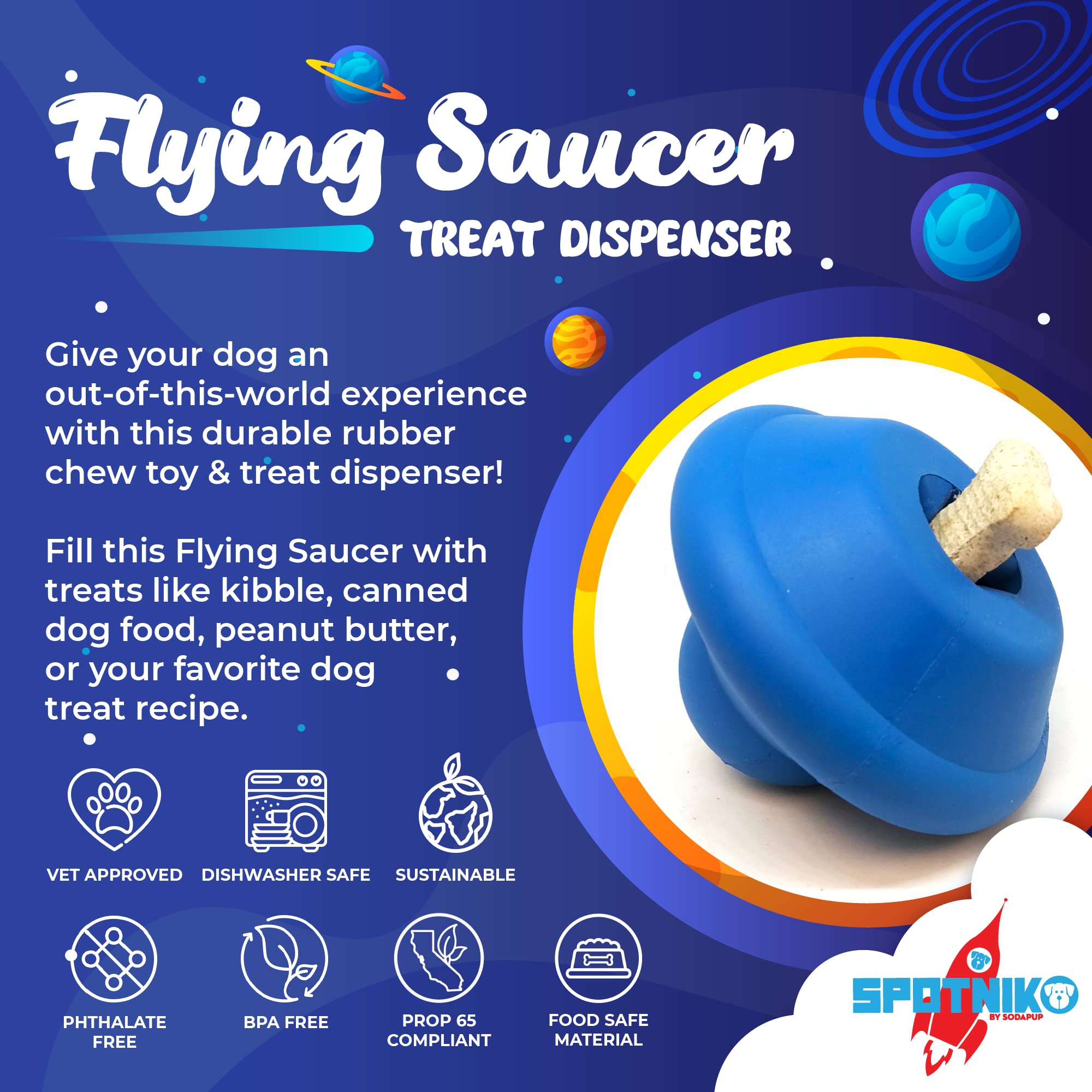 SodaPup Spotnik Flying Saucer - Durable Dog Treat Dispenser & Chew Toy | Non-Toxic Natural Rubber | Made in USA | Mental Stimulation & Anxiety Relief for Dogs | Perfect for Training, Playtime & Teething Puppies