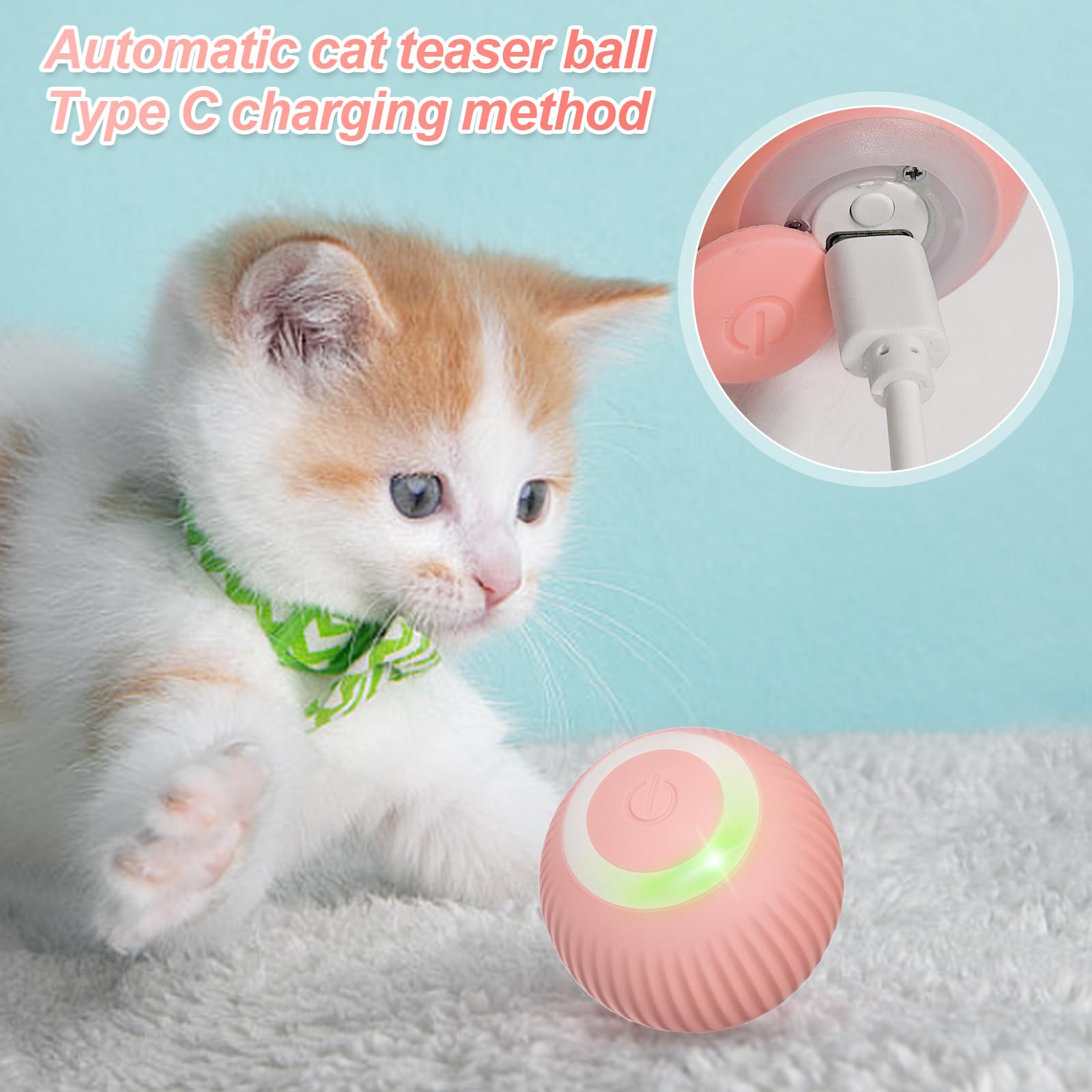 Shudyear Motorized Interactive Cat Toy with LED Lights - 360° Spinning Ball USB Charging Cat Teaser - Smart Electronic Pet Toy for Indoor Play & Exercise (Pink) - Perfect for Bored Cats & Kittens Entertainment