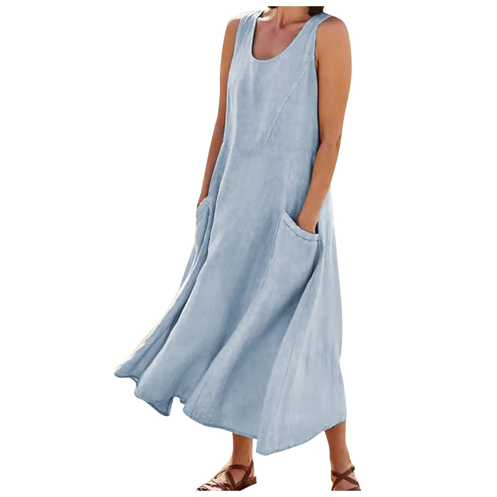 Plus Size Summer Dresses for Women - Casual Sleeveless Cotton Linen Pocket Dress in Solid Colors | Perfect for Beach Vacations, Date Nights & Summer Outings