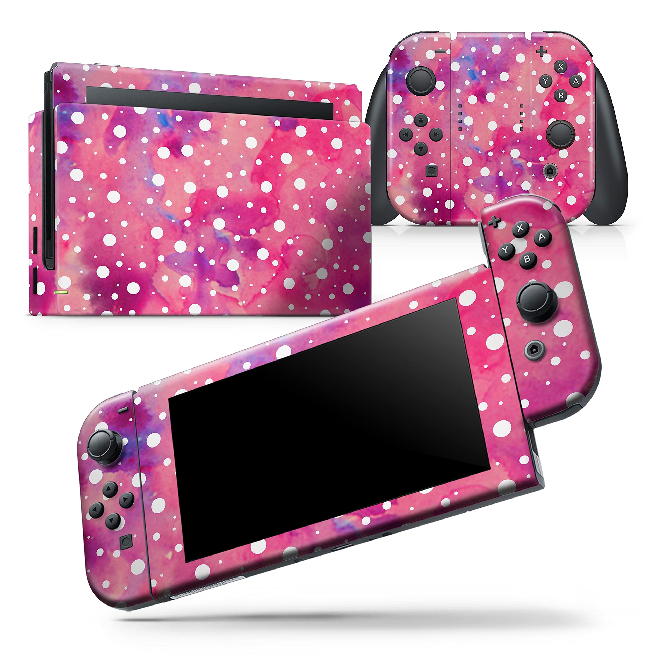 Nintendo Switch Lite Skin Decal - Scratch-Resistant Removable Vinyl Wrap Cover - White Polka Dots on Pink Watercolor - Protective Gaming Accessory for Travel & Home Use