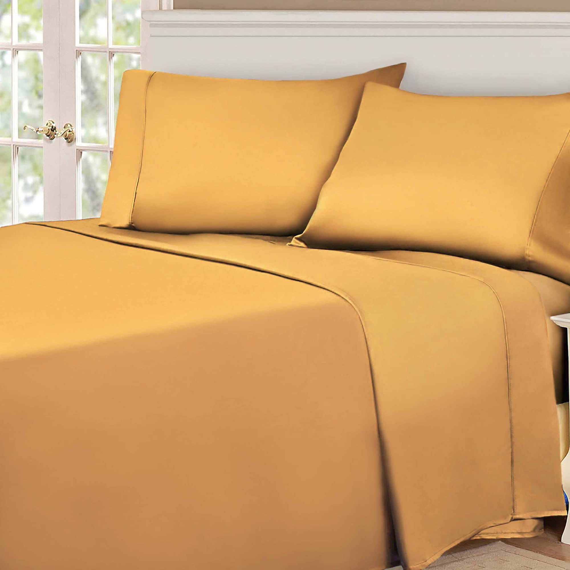 Premium 530 Thread Count Egyptian Cotton Bed Sheet Set - 1 Deep Pocket Fitted Sheet, 1 Flat Sheet & 2 Pillowcases - Ultra Soft Sateen Weave Luxury Bedding - Queen Size Gold - Perfect for Master Bedrooms, Guest Rooms & Luxury Hotels