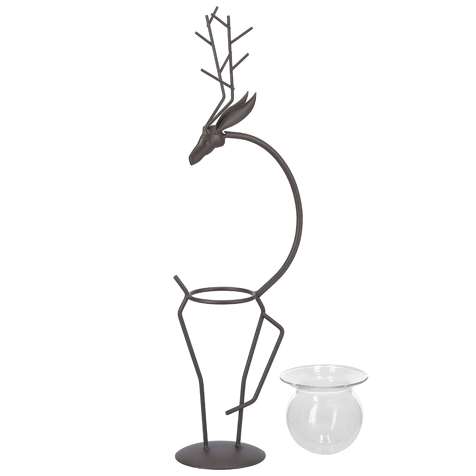 Deer Shaped Wrought Iron Plant Stand - Transparent Glass Hydroponic Terrarium Vase for Indoor Plants | Propagation Station for Succulents, Herbs & Flowers | Perfect for Living Room, Office Desk & Home Decor (Type A)