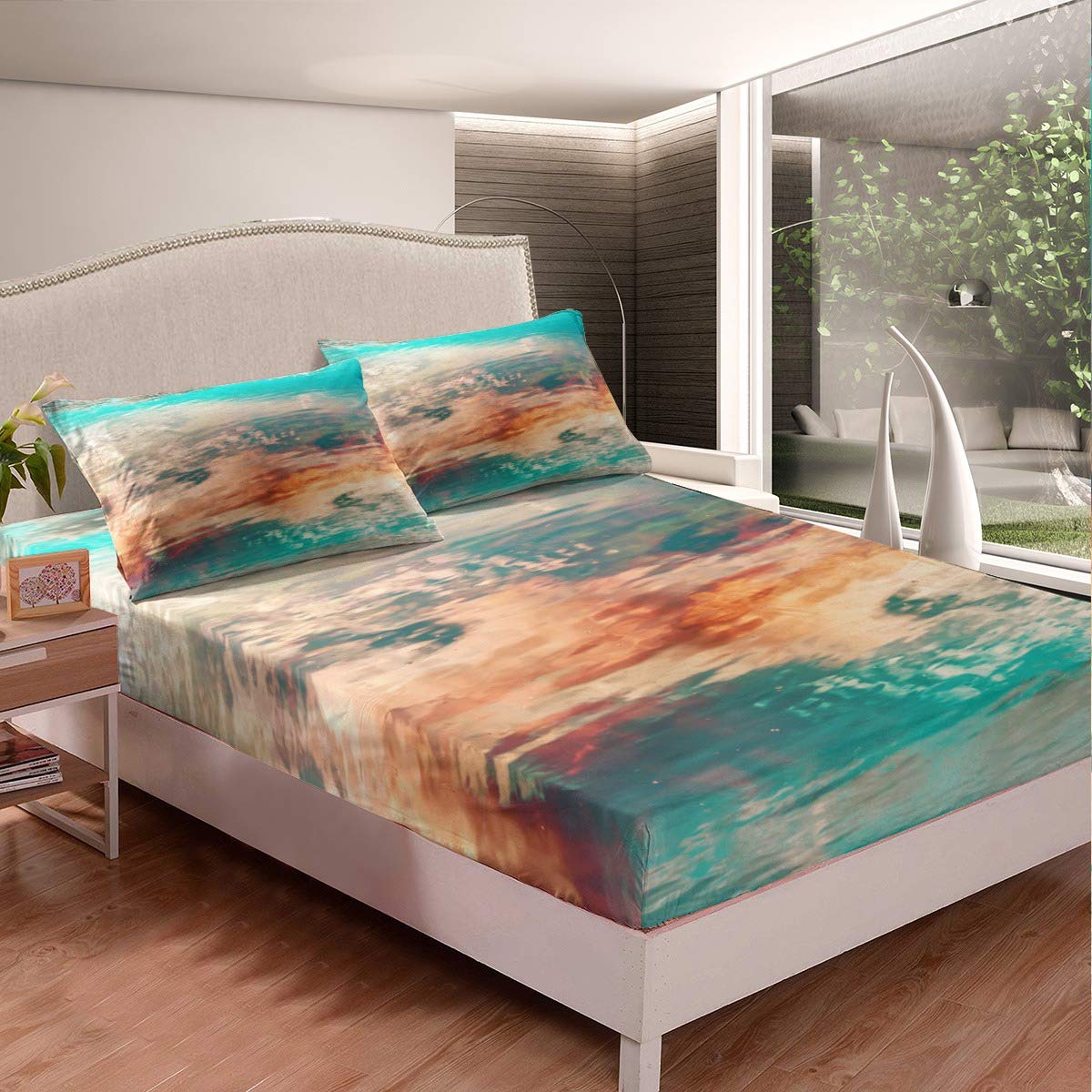Breathable Polyester Deep Pocket Fitted Sheet Set - Full Size Khaki Green Lake Pattern, 3 Piece Duvet Cover (1 Fitted Sheet + 2 Pillowcases) - Cozy & Warm Bedding for Teens & Young Adults - Perfect for Dorm Rooms, Guest Beds & Winter Nights