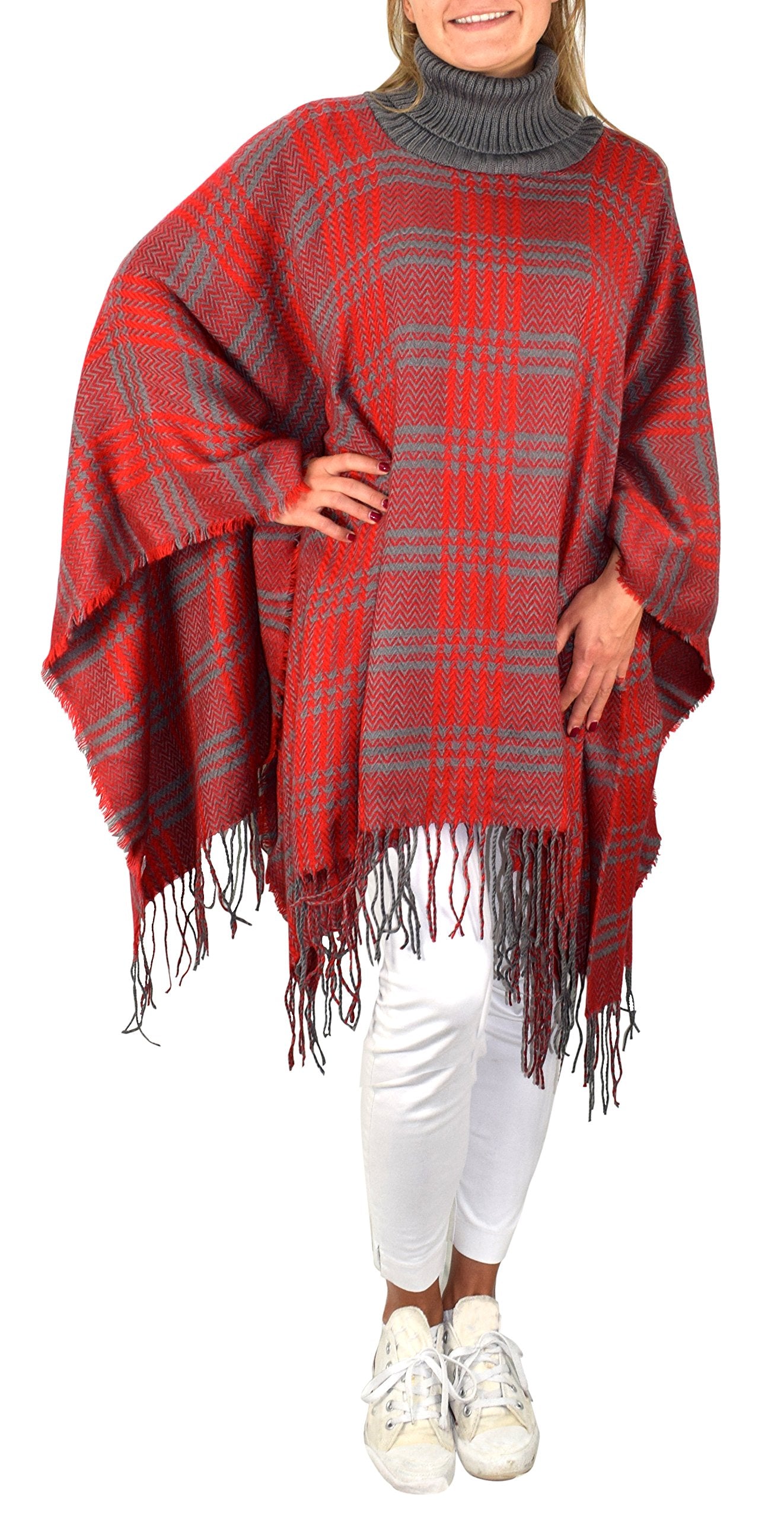 Women's Checkered Turtle Neck Winter Poncho Sweater with Fringe - Cozy Oversized Pullover for Christmas, Holiday Parties & Casual Outings