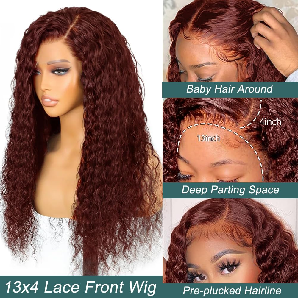20inch Auburn Deep Wave Human Hair Wig with 13x4 HD Lace Frontal - 150% Density Reddish Brown Curly Wig with Baby Hair & Pre-Plucked Hairline for Women | Perfect for Cosplay, Daily Wear & Special Occasions