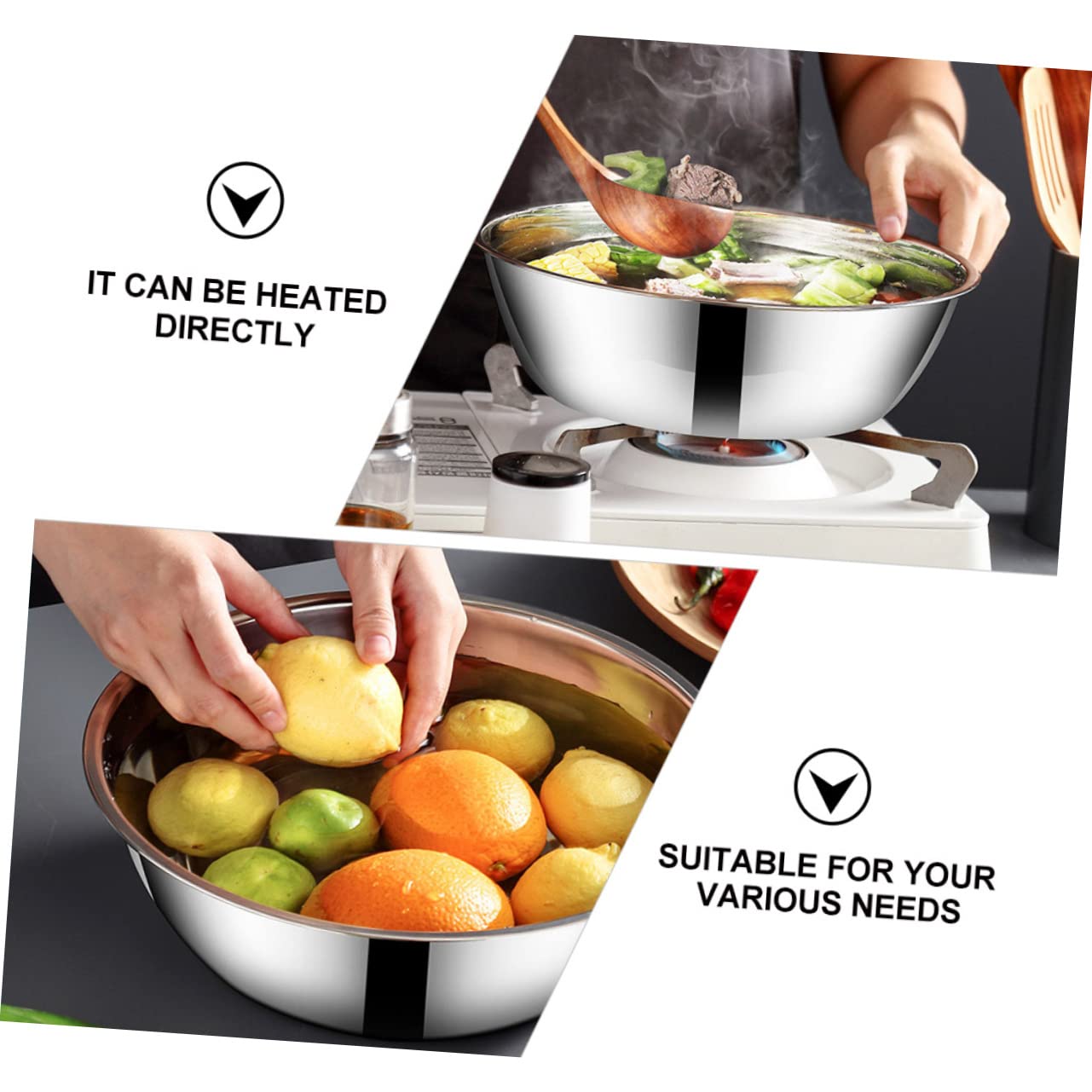 Hemoton 2-Piece Stainless Steel Cooking Pot Set - Multi-Functional Kitchen Pot for Soup, Stew, Food Storage & Fruit Washing - Round Soup Bowl & Vegetable Washing Basin - Perfect for Meal Prep, Camping & Home Cooking