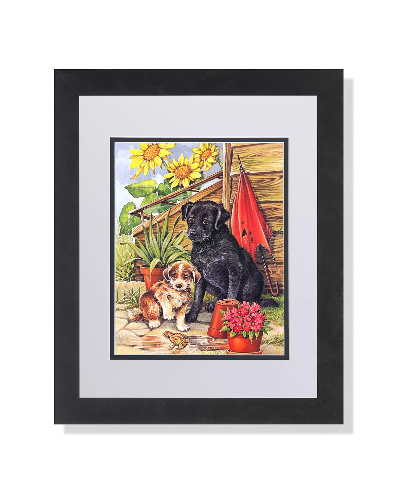 Two Puppy Dogs Watching Frog Jump After Rain - Framed Wall Art Print with Matte for Living Room, Nursery & Bedroom Decor