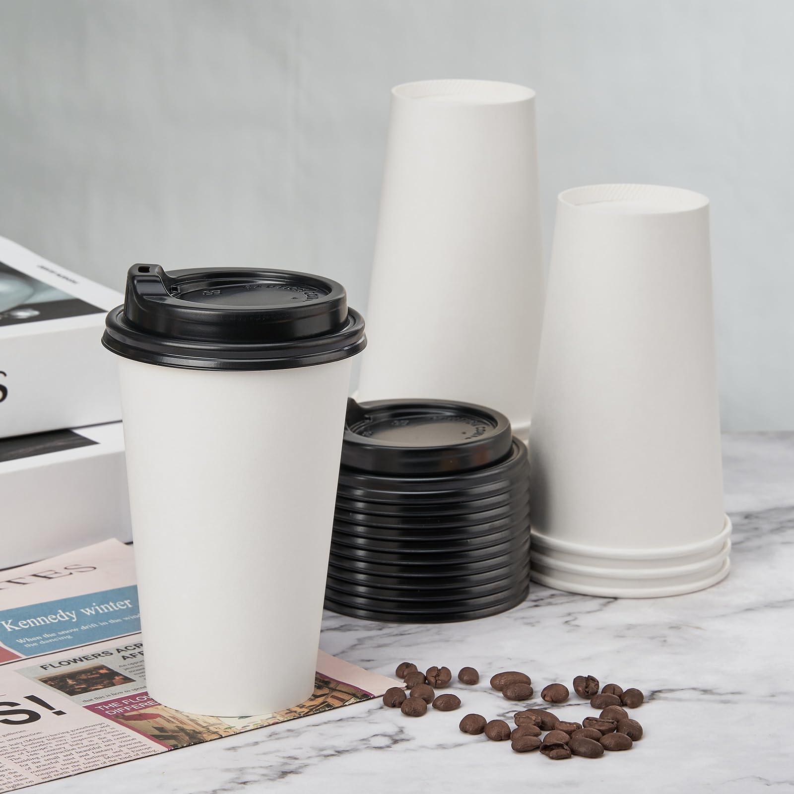 RACETOP 16 oz Disposable Paper Coffee Cups with Lids - 100 Pack Hot Drink Cups for Coffee, Tea, Cocoa - Perfect for Home, Office, Cafes & Parties
