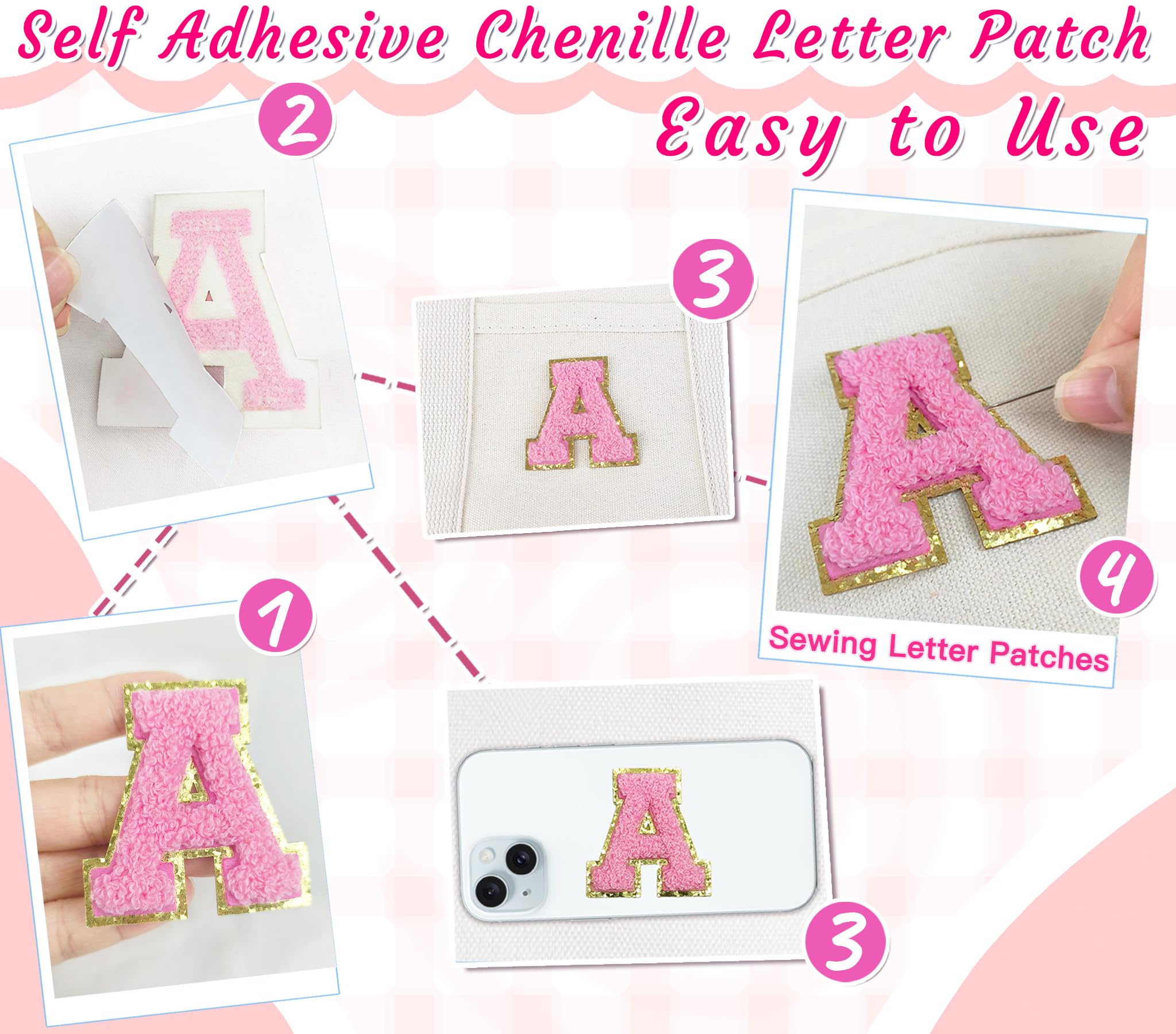 6 Pcs Self-Adhesive Chenille Letter Patches for Bags & Clothes - 2 Inch Preppy Varsity Style Iron-On Letters - Large Decorative Stickers for Laptop, Phone Case, Fridge, Hats & DIY Crafts - Perfect for School, Sports & Home Decor