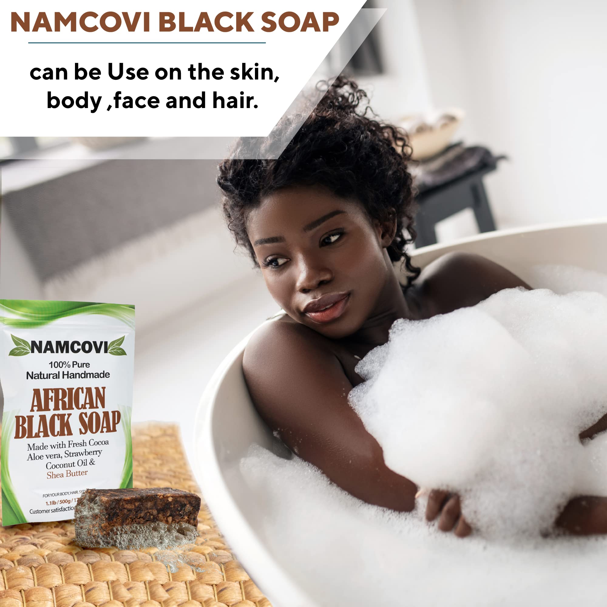 Raw African Black Soap Bar - 100% Pure Natural Authentic Black Soap (1.1 lbs) for Acne, Eczema & Skin Detox - Perfect for Sensitive Skin & Daily Cleansing Routine