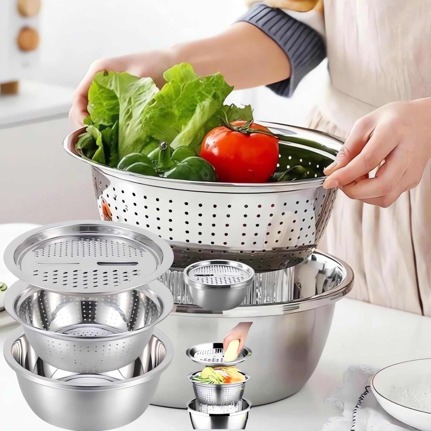 Smartdwel 3-in-1 Multifunctional Stainless Steel Basin with Strainer, Grater & Draining Bowl - 10.24 Inch Fruit Washing Bowl for Kitchen, Salad Prep & Food Drainage - Perfect for Washing Veggies, Grating Cheese & Draining Pasta