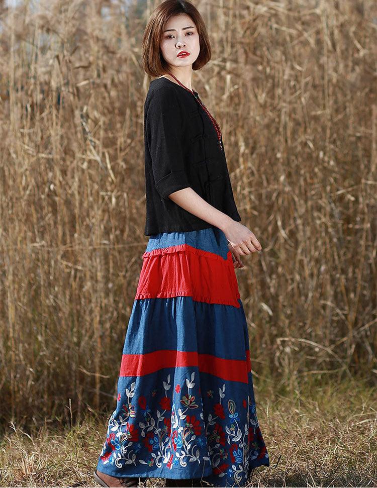 Bohemian Blue Floral Print Long A-Line Skirt - Cotton Linen Blend Summer Maxi Skirt for Women | Perfect for Beach Vacations, Music Festivals & Boho Chic Outfits