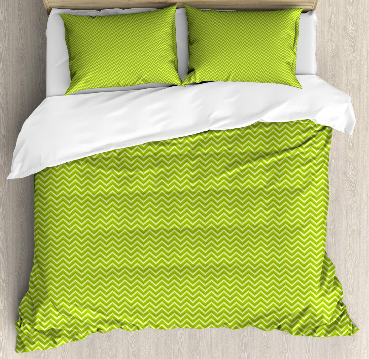 Ambesonne Herringbone Duvet Cover Set - Monochrome Geometric Zigzag Design, 3-Piece King Size Bedding with 2 Pillow Shams in Lime Green & Pastel Green | Perfect for Modern Bedroom Decor, Guest Rooms & Cozy Home Styling