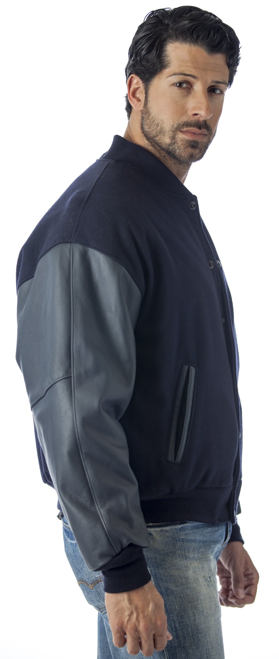 REED Men's Premium Varsity Leather & Wool Jacket - Made in USA - Classic Bomber Style for Casual Wear & Outdoor Activities