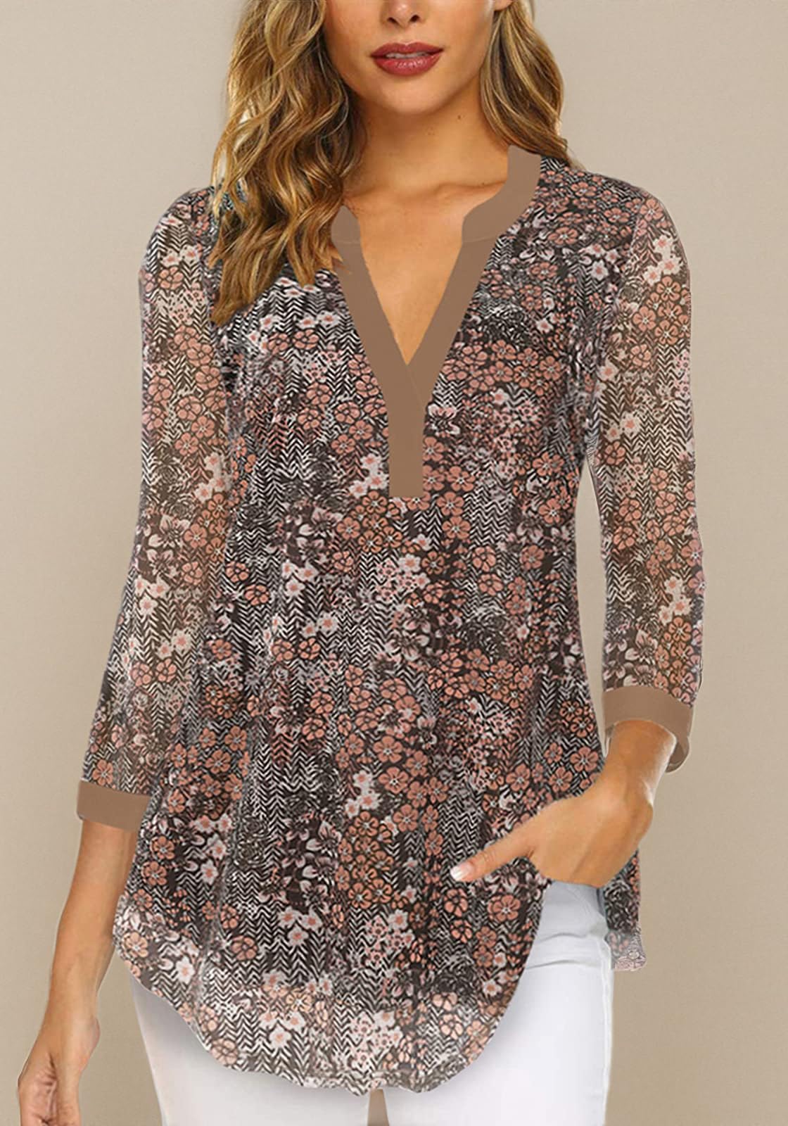 Supnier Women's 3/4 Sleeve V-Neck Floral Print Mesh Blouse - Loose Fit Tunic Top for Casual Wear, Office & Date Night Outfits
