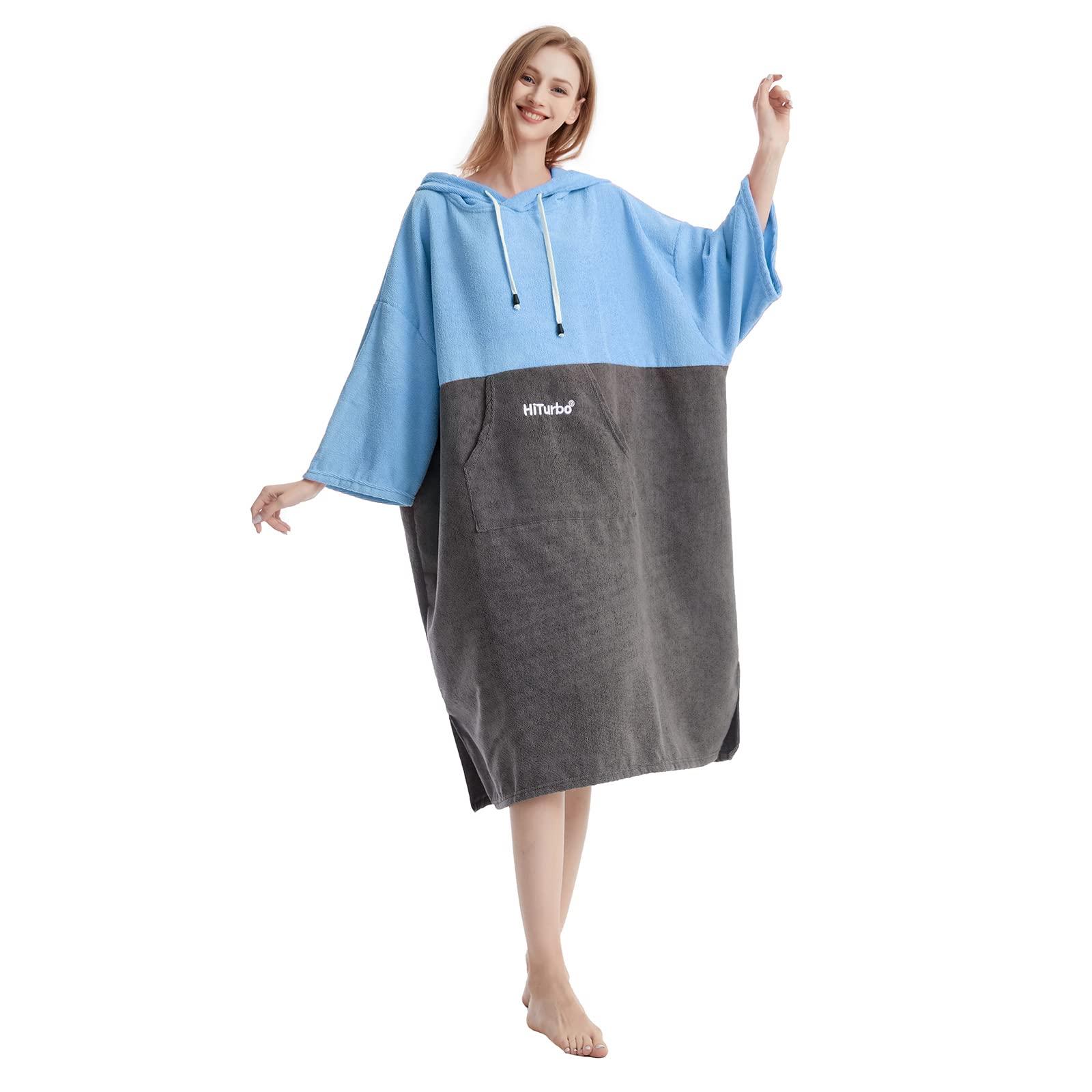 Hiturbo Quick Dry Changing Robe - 3/4 Sleeve Microfiber Hooded Towel Poncho for Surfing, Swimming & Beach - Absorbent After Swim Cover Up for Men & Women - Perfect for Surfers, Swimmers & Outdoor Activities