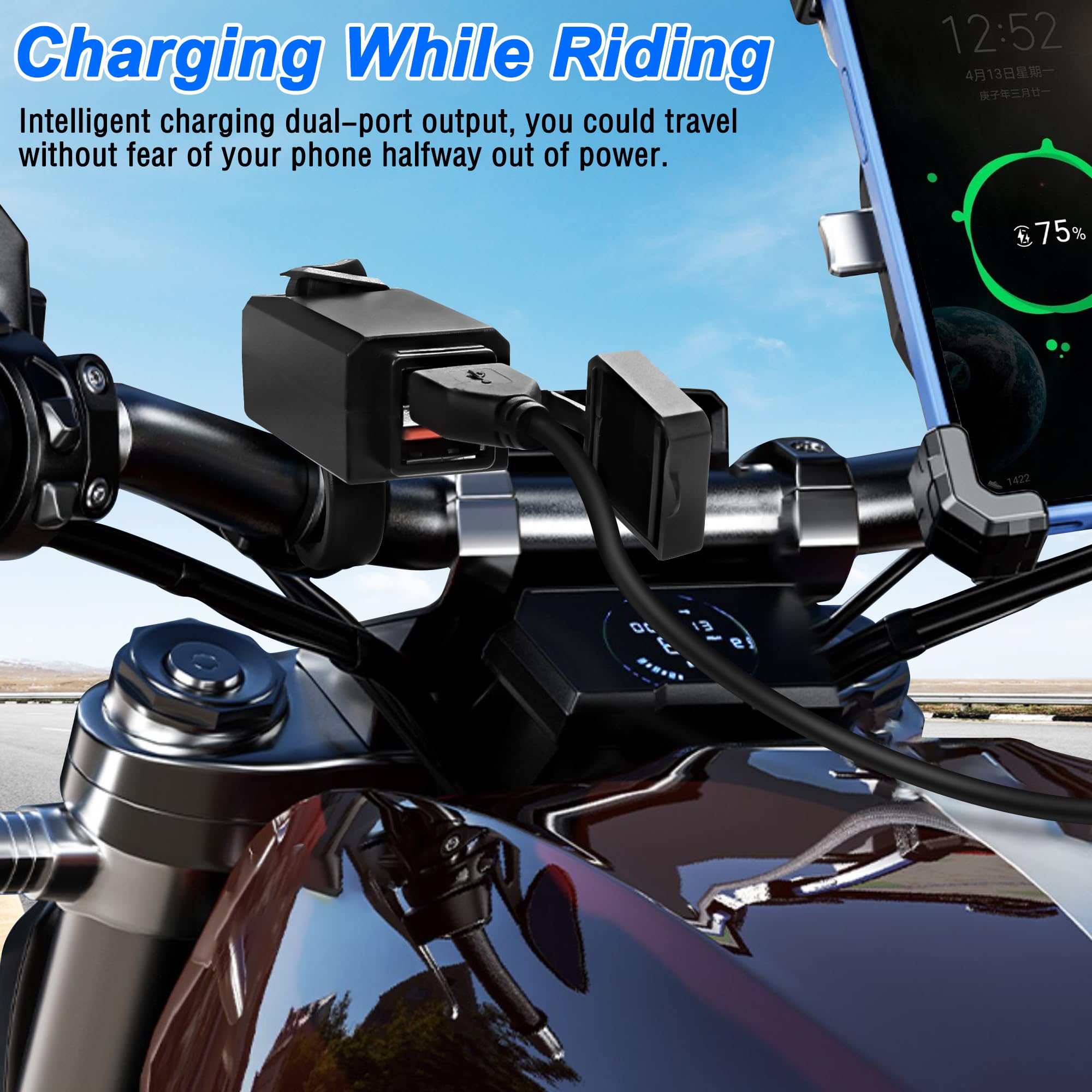 MEIRIYFA QC3.0 Dual USB Motorcycle Charger - 5V 2.1A Waterproof Fast Charging Port with ON/Off Switch - Universal USB Phone Charger for Motorcycle, Motorbike, Car, Truck - Perfect for Road Trips & Outdoor Adventures