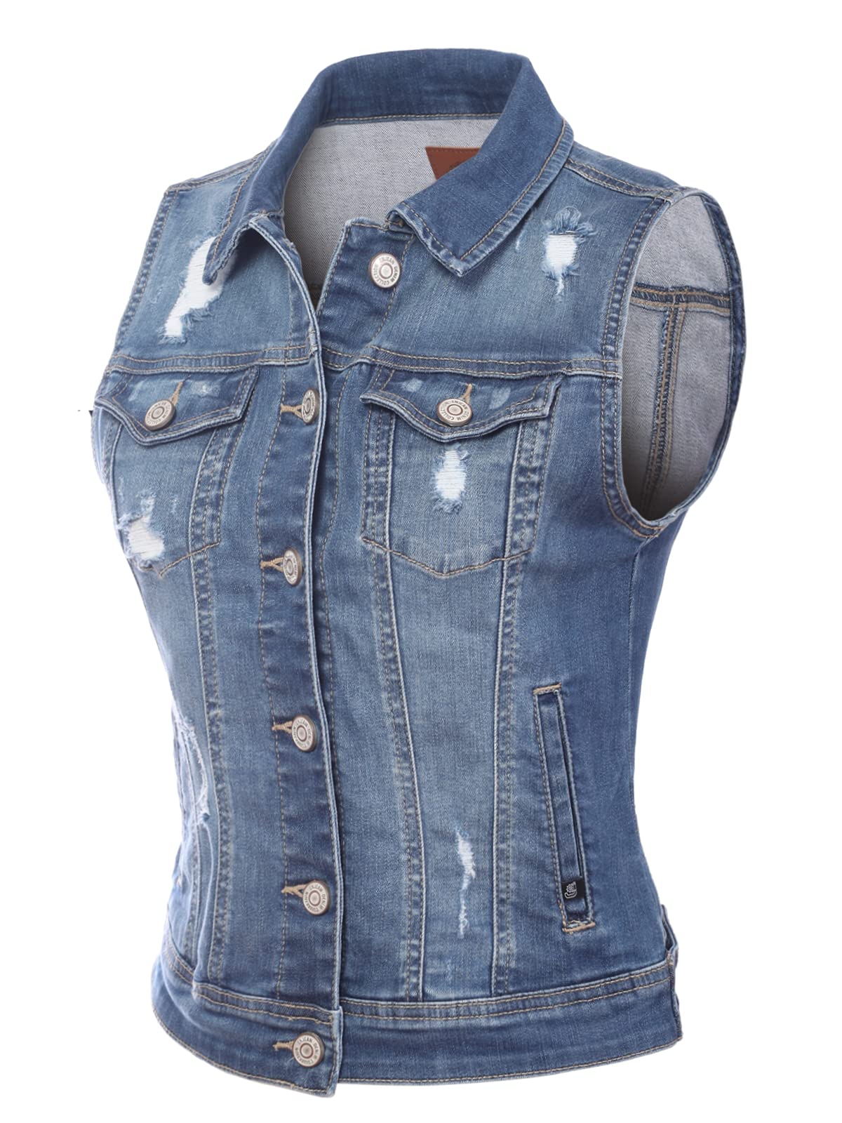 Design by Olivia Women's Classic Sleeveless Distressed Denim Vest - Stone Wash Light Blue Jacket for Casual Outfits & Summer Layering