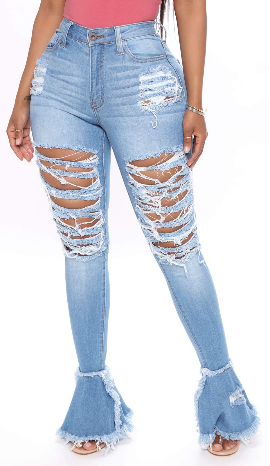 Women's High Waisted Bell Bottom Jeans - Vintage Ripped Flare Denim Pants with Stretchy Elastic Waist & Raw Hem - Perfect for 70s Retro Outfits, Music Festivals and Boho Chic Style