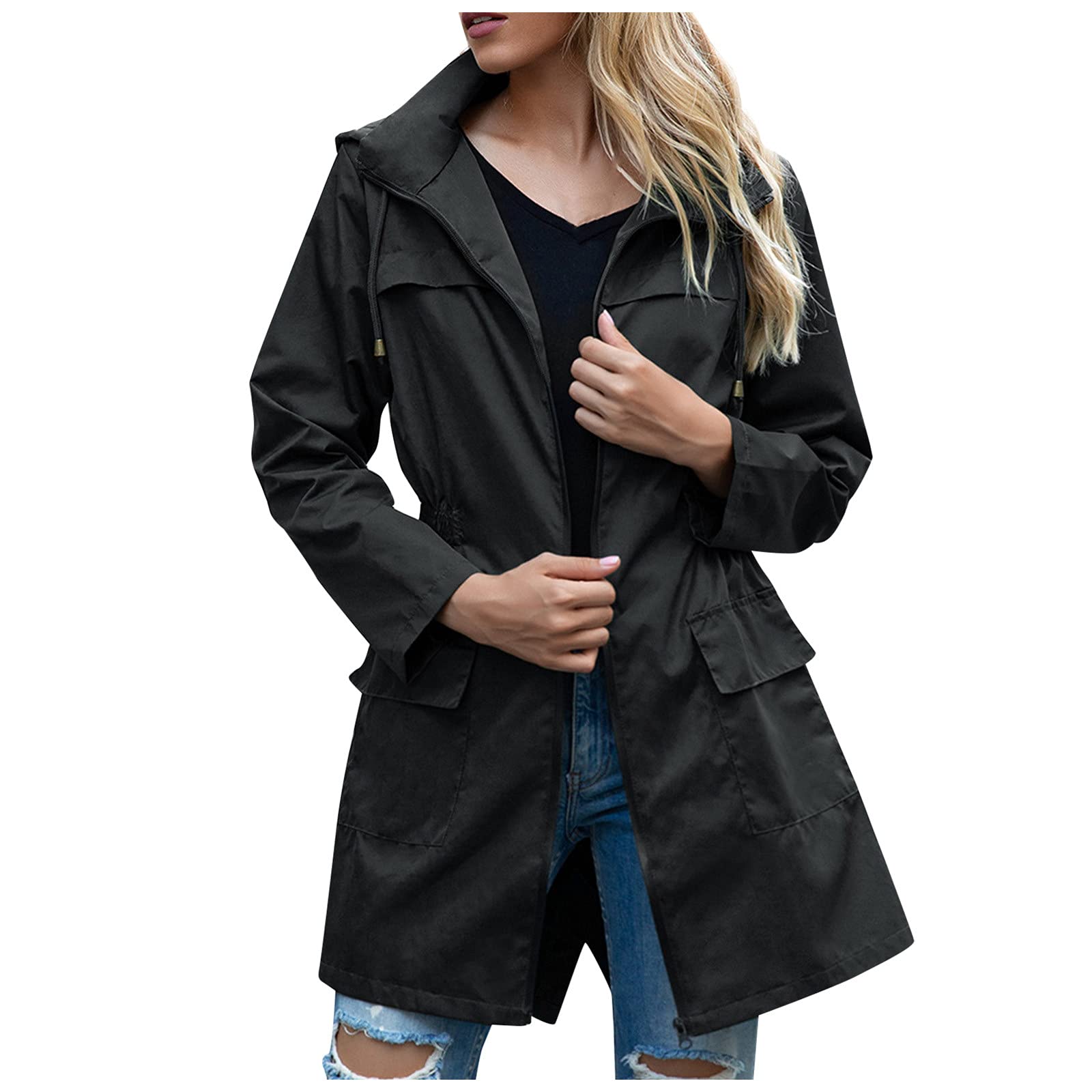 Women's Waterproof Hooded Waist Jacket - Zippered Outdoor Raincoat for Hiking, Travel & Everyday Wear | Faux Leather Coats for Women | Windproof & Warm Winter Coat