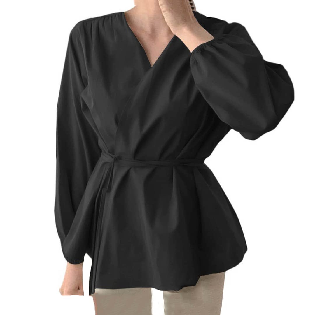 Elegant Women's Long Sleeve V-Neck Ruffle Blouse - Off Shoulder Tie Waist Wrap Tops in Black (XXL) | Perfect for Office Wear, Date Night & Special Occasions