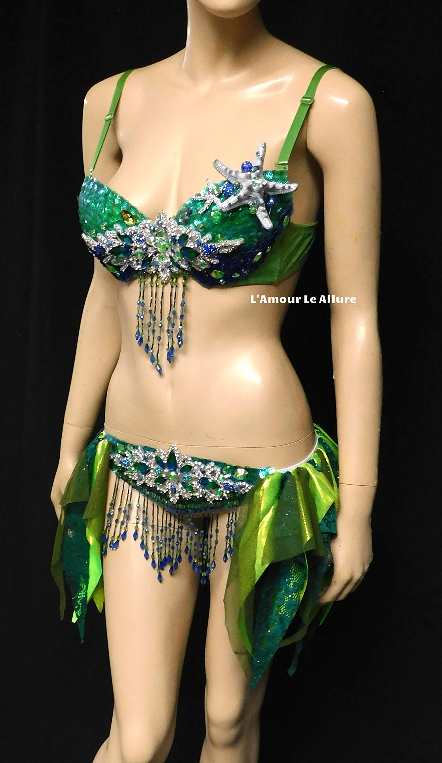 Sparkling Mermaid Bra & Skirt Set - Green, Blue & Silver Sequin Scales for Costume Parties, Halloween & Cosplay