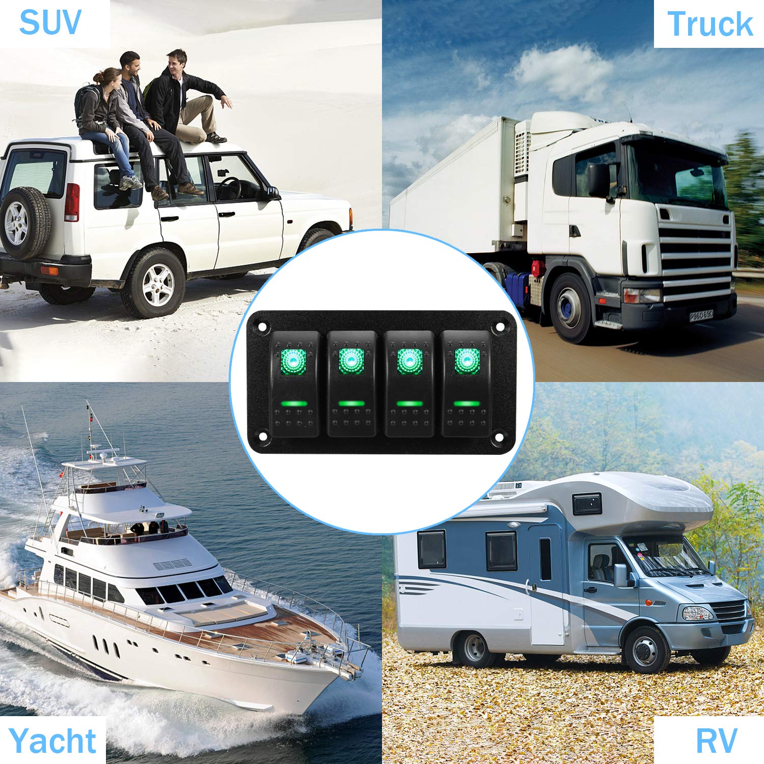 4 Gang Green Rocker Switch Panel - 12V Waterproof On/Off Toggle Switch for Trucks, Marine Boats, RVs & Cars - Perfect for Light Bars, Off-Road Vehicles & Custom Electrical Systems