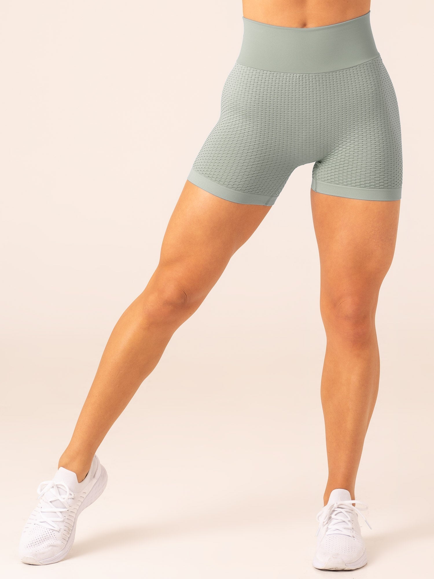 Honeycomb Scrunch Seamless Yoga Shorts for Women - Sage Green | High Waisted Workout Shorts for Running, Gym & Lounge
