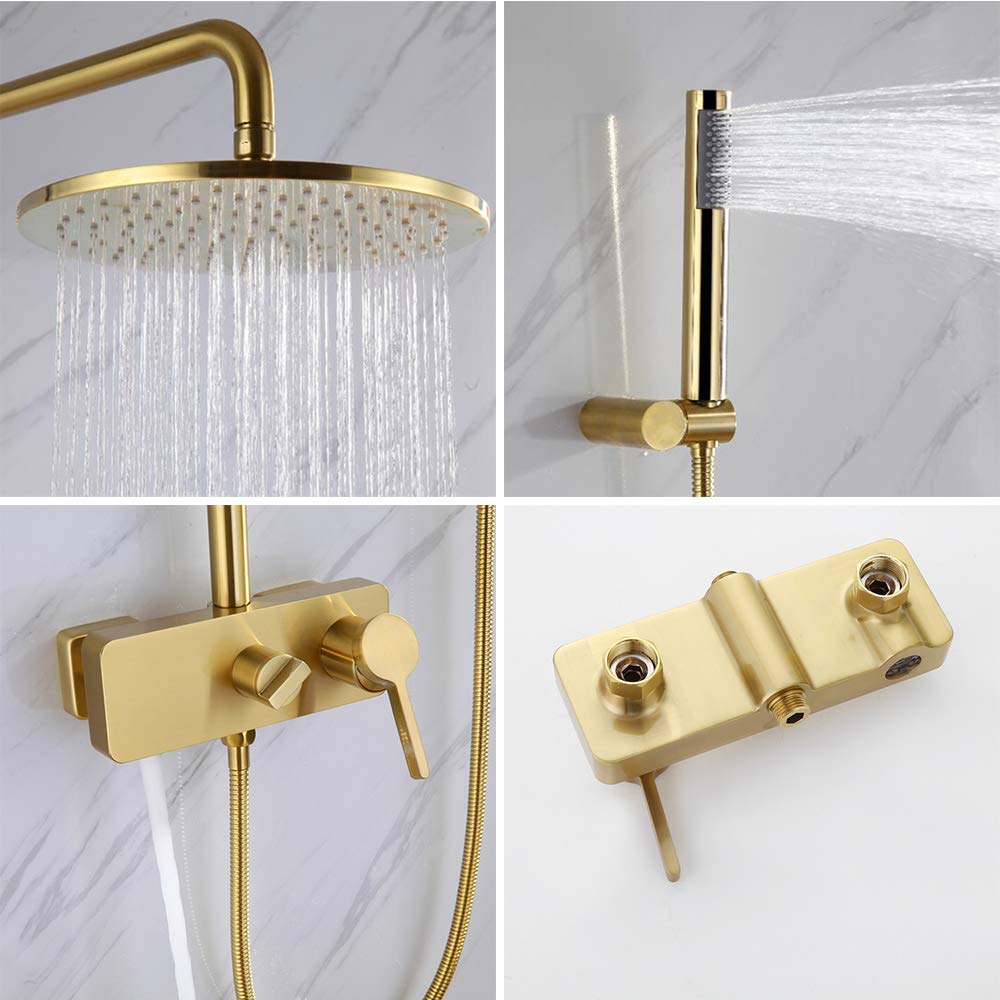 10 Inch Brushed Gold Rain Mixer Shower Combo Set - Wall Mounted Exposed Bathroom Shower Faucet with Brass Rainfall Shower Head, Handheld Shower & Tub Spout - Perfect for Modern Bathroom Renovation & Spa-Like Shower Experience