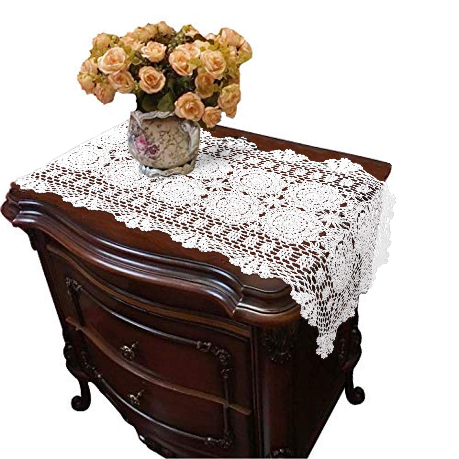 USTIDE 2-Pack 100% Cotton Lace Crochet Table Runners - 15.7x23.6 Inch White Ecru Doilies for Nightstands, Dressers & Dining Tables | Elegant Home Decor & Wedding Table Setting Accessories