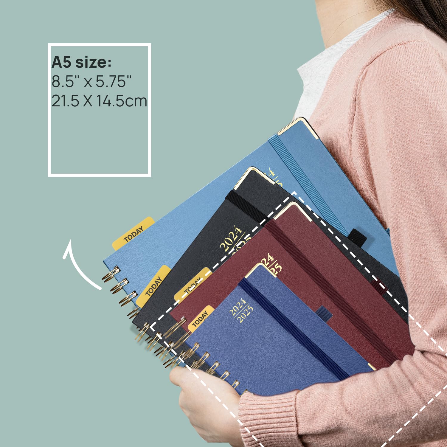 POPRUN 2024-2025 Academic Planner - A5 Spiral Hardcover Daily Diary with Monthly Tabs (August 2024-July 2025), Day per Page Organization, Light Pink - Perfect for Students, Teachers & Office Professionals