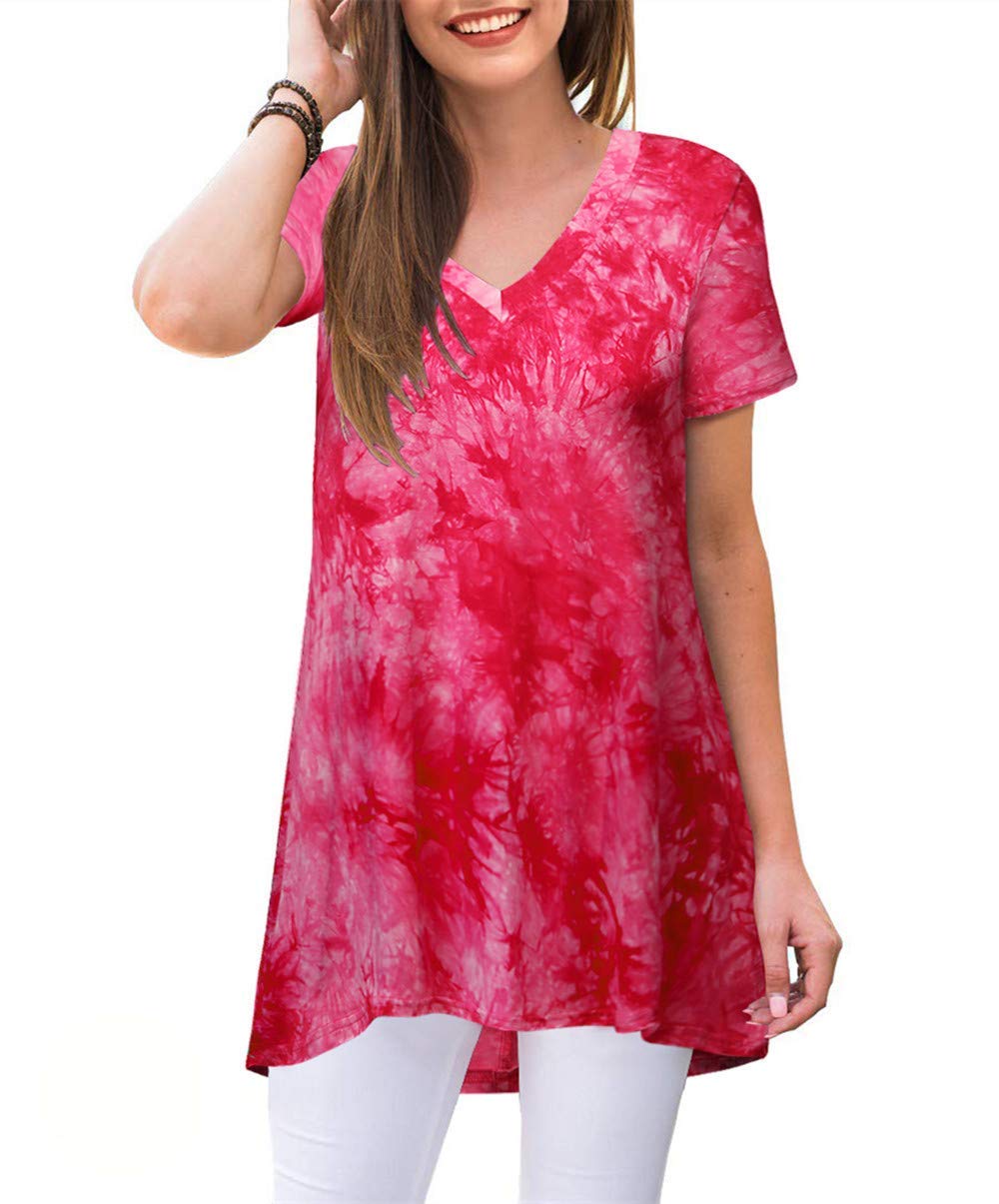 Women's Short Sleeve V-Neck Tie-Dye Henley T-Shirt - Casual Tunic Top Blouse for Summer Outfits & Beach Wear