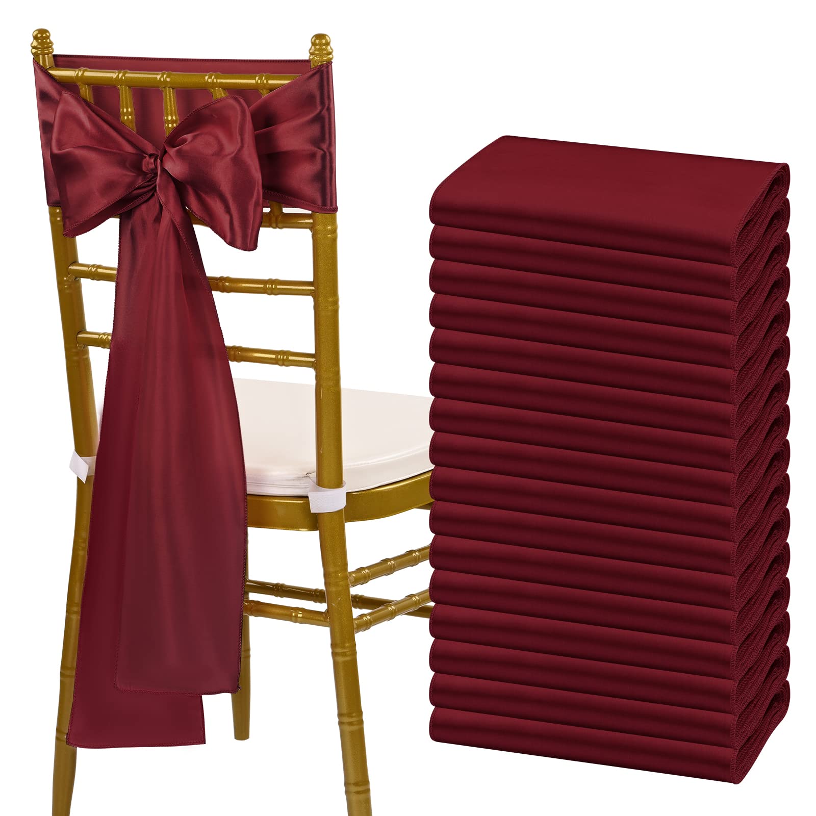 60 PCS Burgundy Satin Chair Sashes - Universal Wedding Chair Covers for Reception, Banquet, Party & Event Decorations (7x108 inch) - Perfect for Restaurants, Hotels & Special Occasions