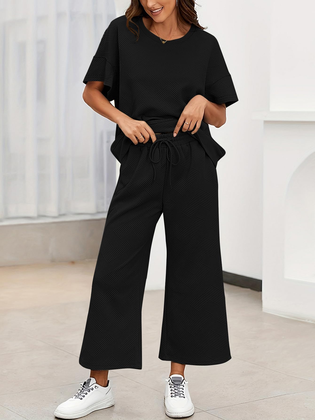 YKR Women's 2-Piece Lounge Set - Soft Knit Short Sleeve Pullover Top & Wide Leg Pants | Summer Comfort Outfit 2024 | Perfect for Home Relaxation, Yoga & Casual Wear