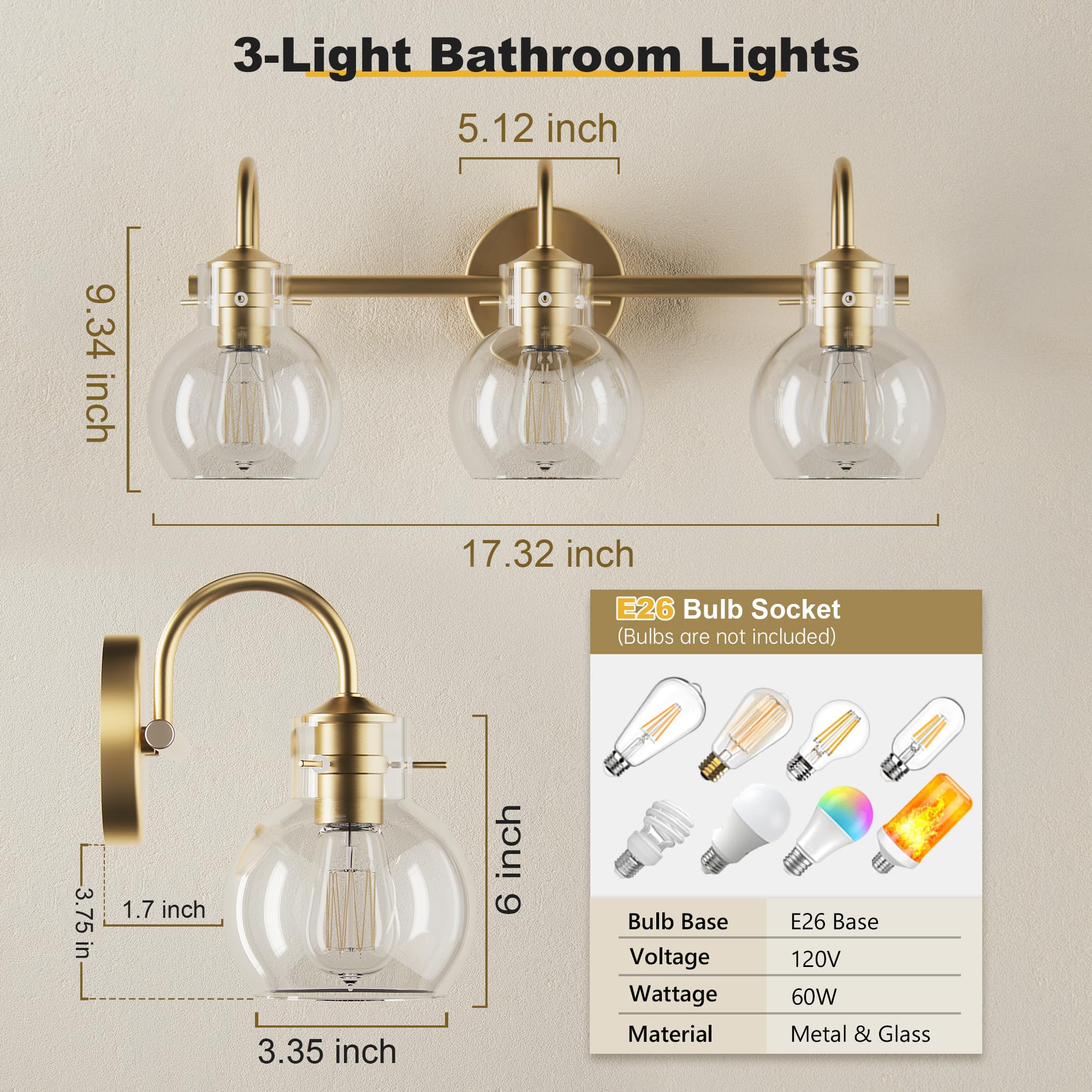 Modern Gold Vanity Light Fixture - 3 Light Bathroom Sconce with Clear Globe Glass Shade for Mirror Lighting, E26 Base - Perfect for Bathroom, Hallway & Dressing Room Makeup Vanity
