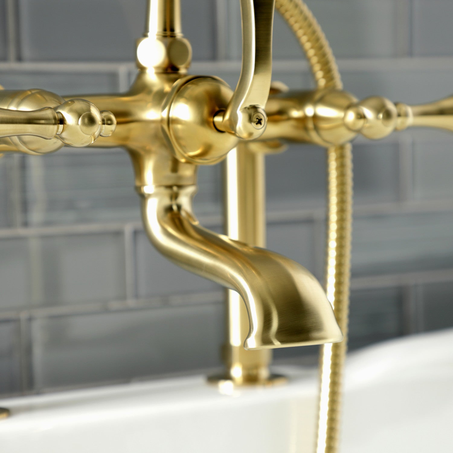 Vintage AE103T7 3-Handle 2-Hole Deck Mount Clawfoot Bathtub Faucet with Hand Shower in Brushed Brass - Perfect for Classic Bathroom Renovations & Luxury Spa Retreats