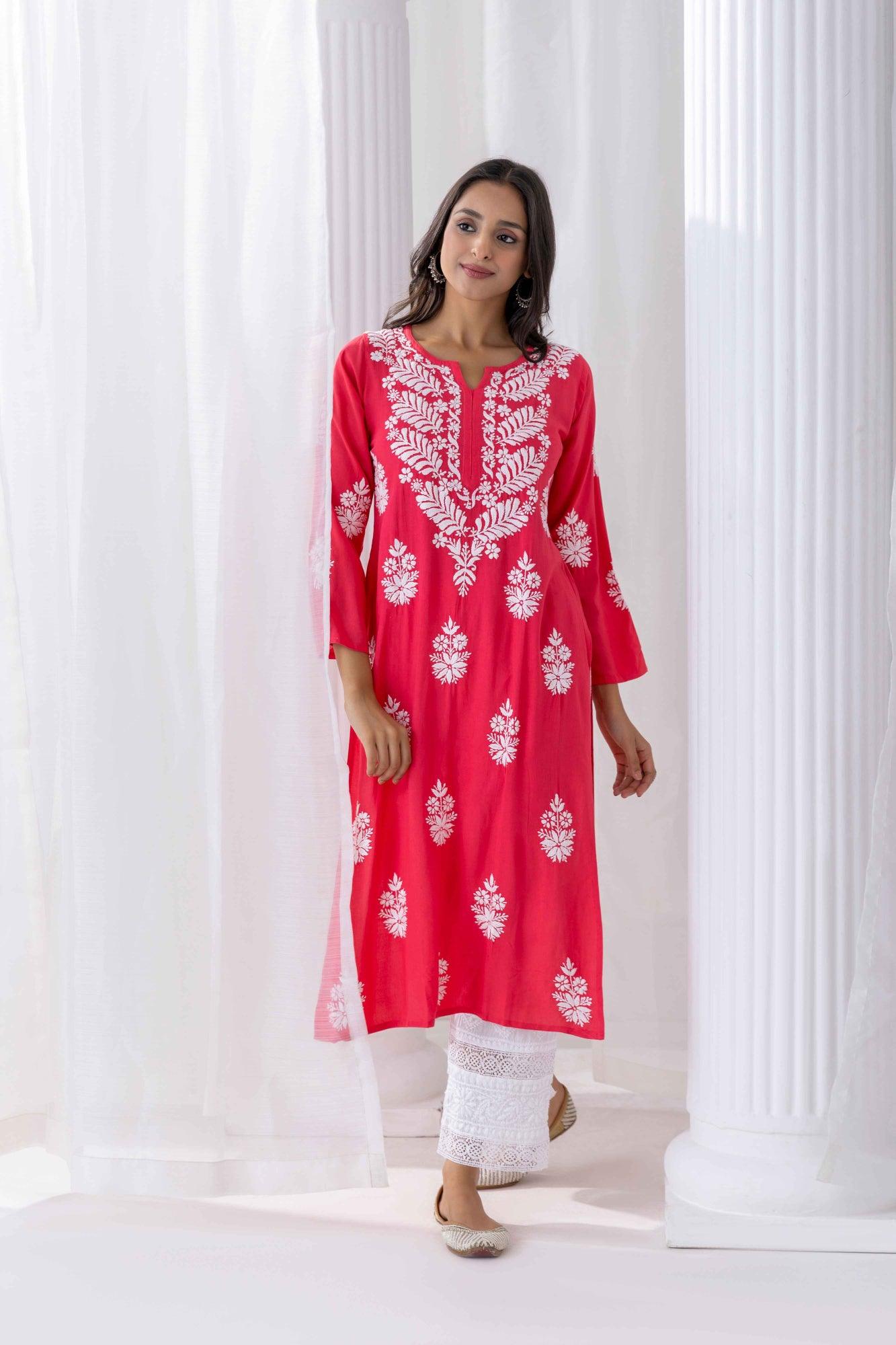 Fizaa Chikankari Kurta in Red - Traditional Indian Embroidered Tunic for Women - Perfect for Festivals, Weddings & Casual Wear