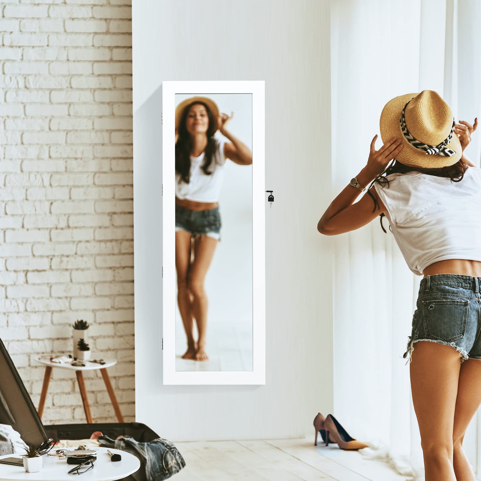LED Illuminated Mirror Jewelry Cabinet with Adjustable Hooks & Drawers - Wall/Door Mounted Lockable Jewelry Armoire for Necklaces, Rings & Makeup Organization (White) - Perfect for Bedroom Vanity, Walk-in Closet & Bathroom Decor