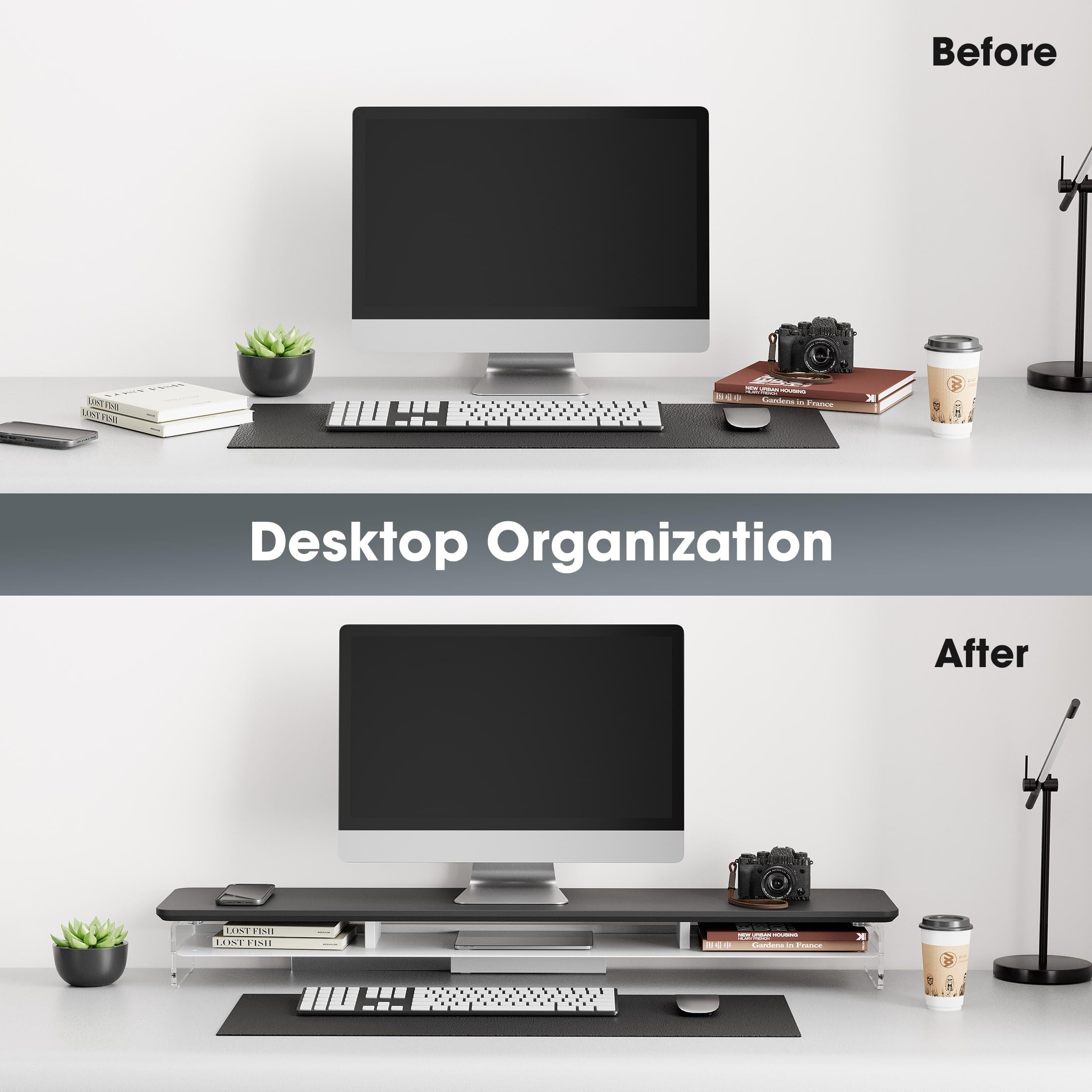 FENGE 42.5 Inch 2-Tier Acrylic Dual Monitor Stand Riser with Storage Organizer - Black | Space-Saving Desktop Organizer for Home Office, Gaming Setup & Business Workspace