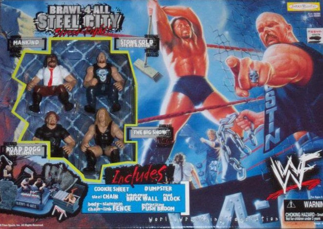 Vintage 1999 WWF Jakks Pacific Brawl 4 All Steel City Street Fight Action Figures - Mankind, Stone Cold Steve Austin, Road Dogg Jesse James & The Big Show - Collectible Wrestling Toys for Display & Play
